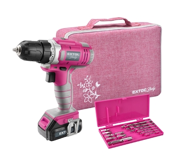 EXTOL LADY 402401 vrtací šroubovák aku, růžový, 12V Li-ion, 1300mAh, v tašce