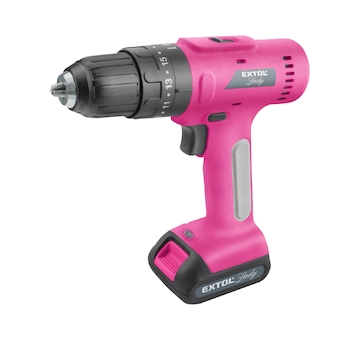 EXTOL LADY 402403 vrtací šroubovák aku s příklepem, růžový, 12V Li-ion, 2000mAh, v kufru s nářadím, sada 27ks