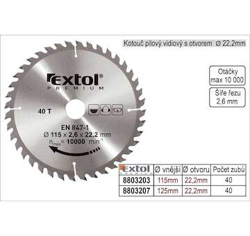 EXTOL PREMIUM 8803203 kotouč pilový s SK plátky, O 115x2,2x22,2mm, 40T