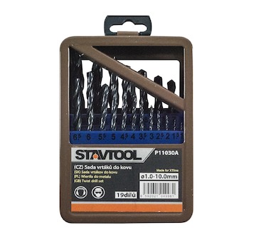 Stavtool P11030A  Sada vrtáků do kovu HSS-R | 1-10 mm 19 dílů, kovový obal